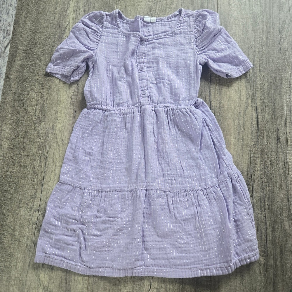 Gap Kids Girls Lavender Purple Metallic Stripe Cotton Gauze Tiered Dress Size 10